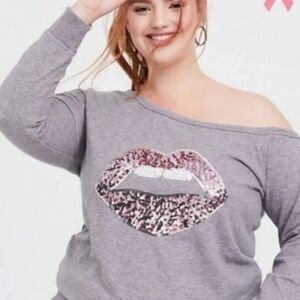 Torrid Sequin Lips Terry Off Shoulder Sweatshirt